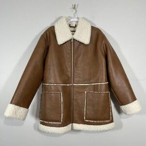 Abercrombie & Fitch Vegan Leather Faux Shearling Jacket Womens Large Brown‎ Coat